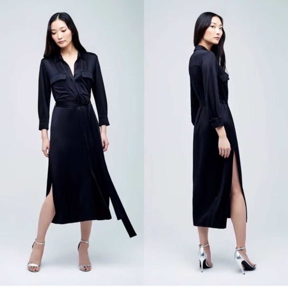 L'AGENCE Navy Blue Silk Long Sleeve Dress